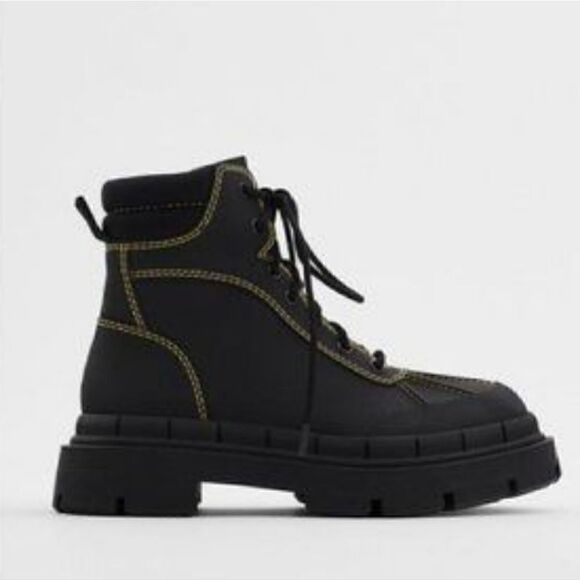 Zara Low Heel Rubberized Ankle Black Boots With Yellow Topstitching Size 7 - Picture 1 of 13
